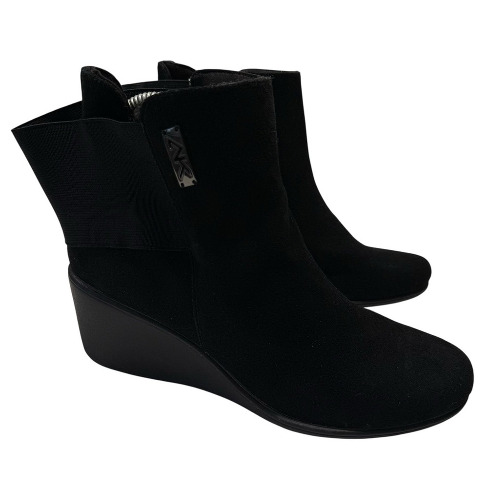 AK Sport Anne Klein Fall For Me Black Leather Wedge Ankle Booties Boots‎ 8 S-5